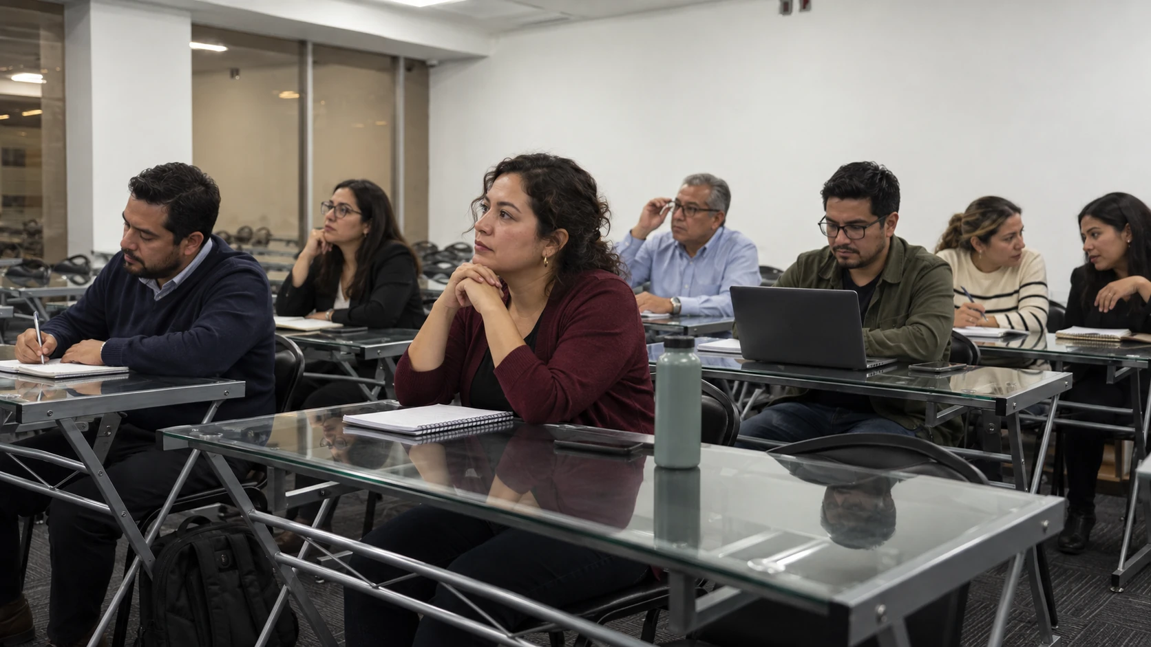 Escena ilustrativa de participantes escuchando y tomando notas en un aula