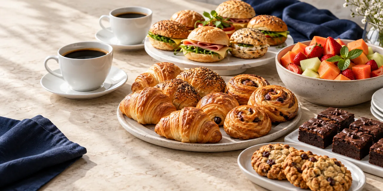 Presentación ilustrativa de café, pan, fruta y bocadillos para un evento