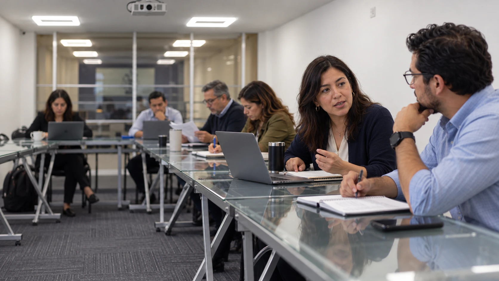 Escena ilustrativa de un equipo conversando y trabajando en un aula